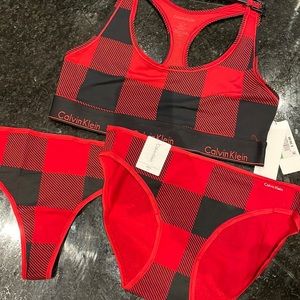 Calvin Klein red and black sports bra underwear and thong set